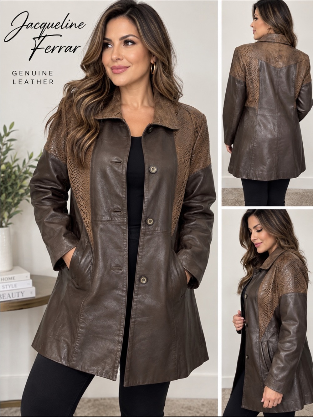 Jacqueline Ferrar Women’s Leather Coat Brown Snake Embossed Long Jacket Size L